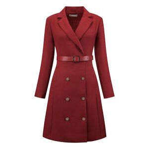 Women's Tweed Dress Double Breasted Long Sleeve Blazer Dress with Belt Red